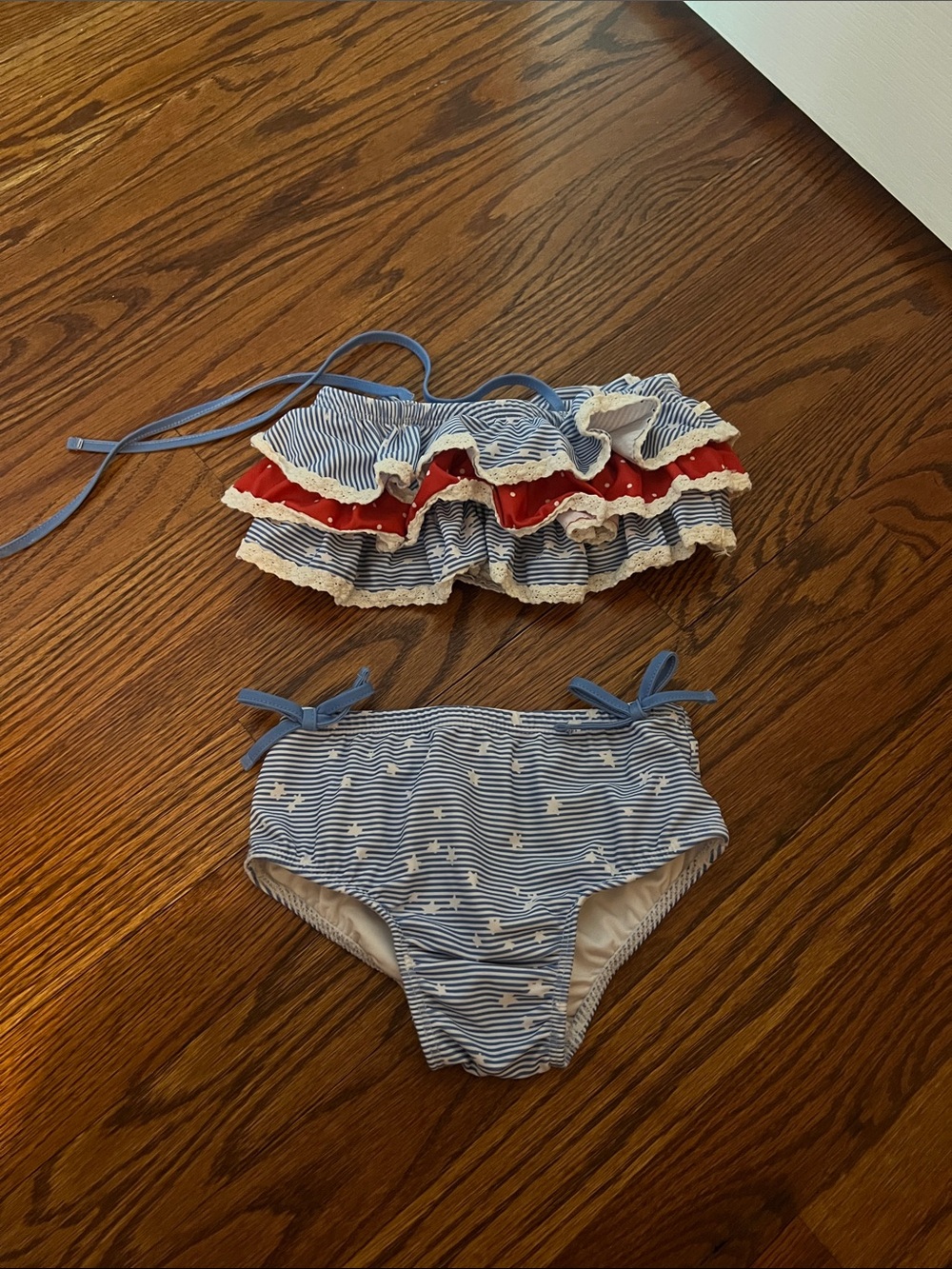 Little Sleepies Blue, White & Red Stripe Ruffle Bikini